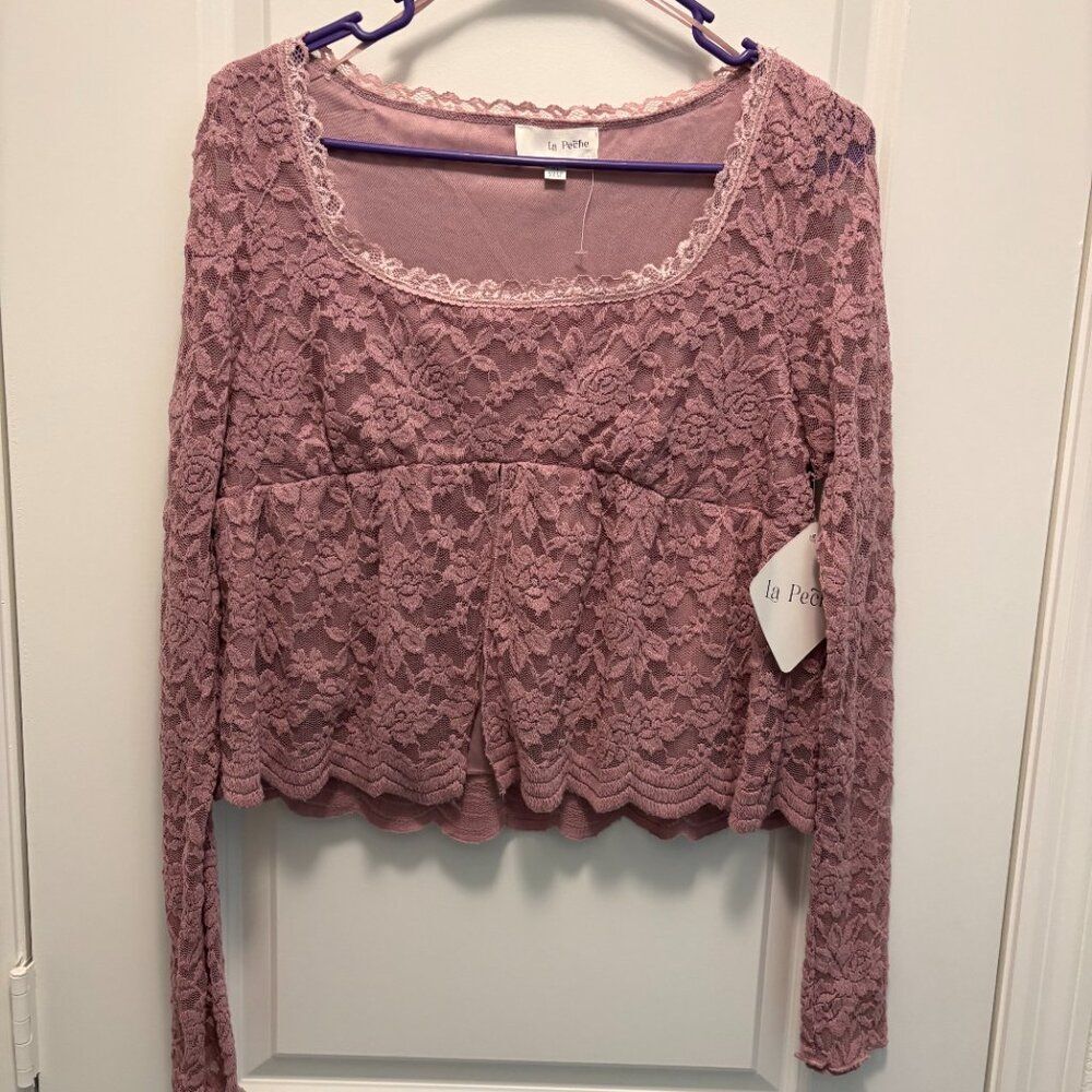 La Peche NWT Mauve Pink Lace Long Sleeve Top Fully Lined XL Romantic - Picture 4 of 9